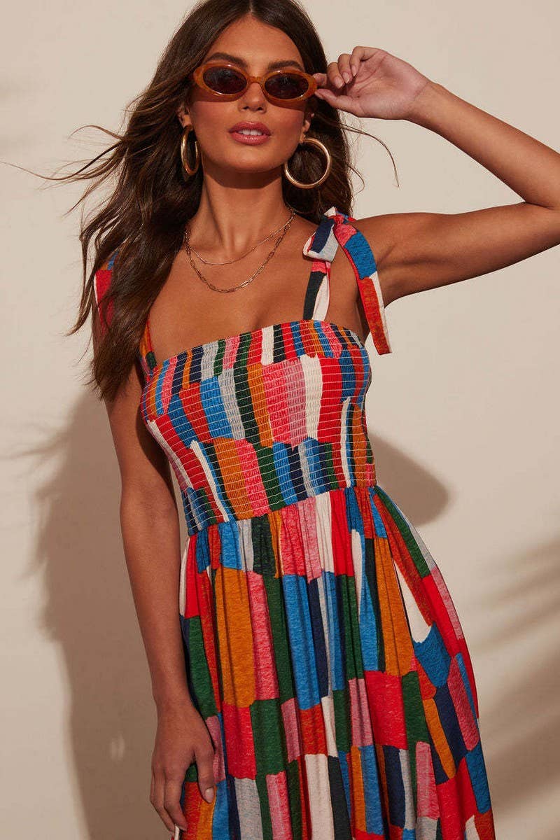 CWDMD5607_VACATION FLORAL TIE WAIST COLORBLOCK MIDI DRESS