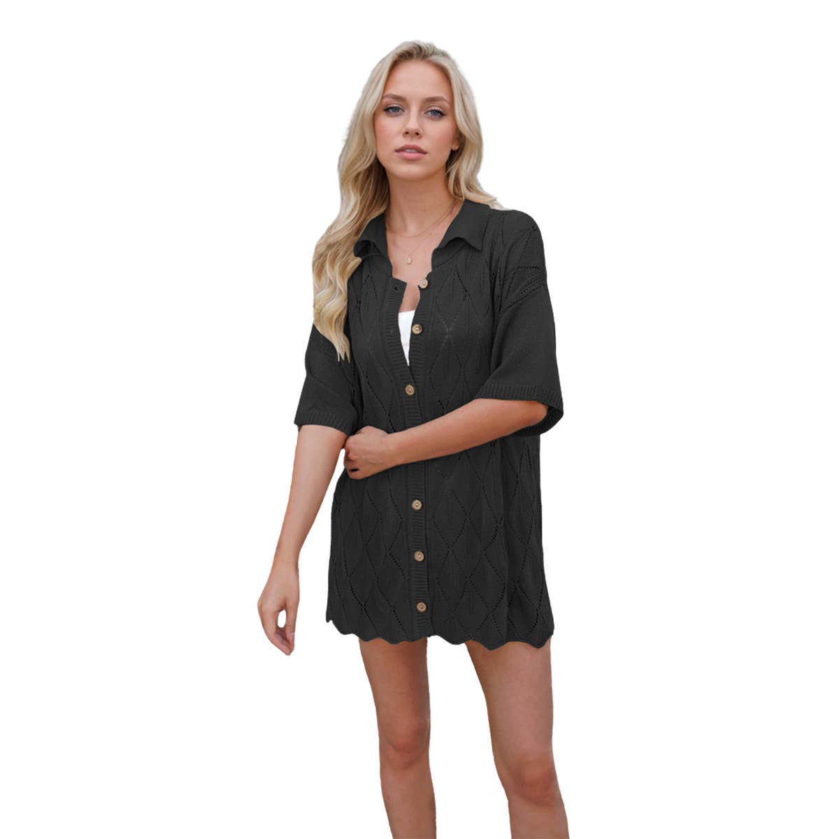 Lapel single-breasted short-sleeved cardigan