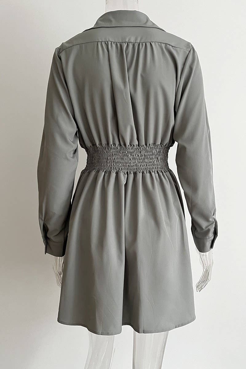 CWDSD5964_CABLE WAIST LONG SLEEVE SHIRT COLLAR DRESS