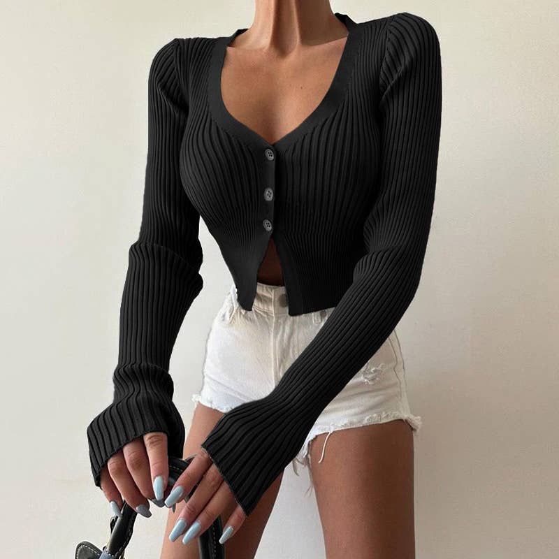 V-NECK WOOLEN LONG-SLEEVED SINGLE-BREASTED TOP