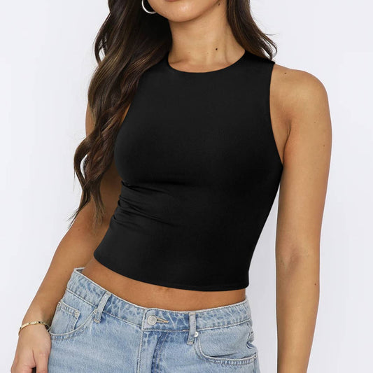 Sexy crop top, sleeveless, tight round-neck Top