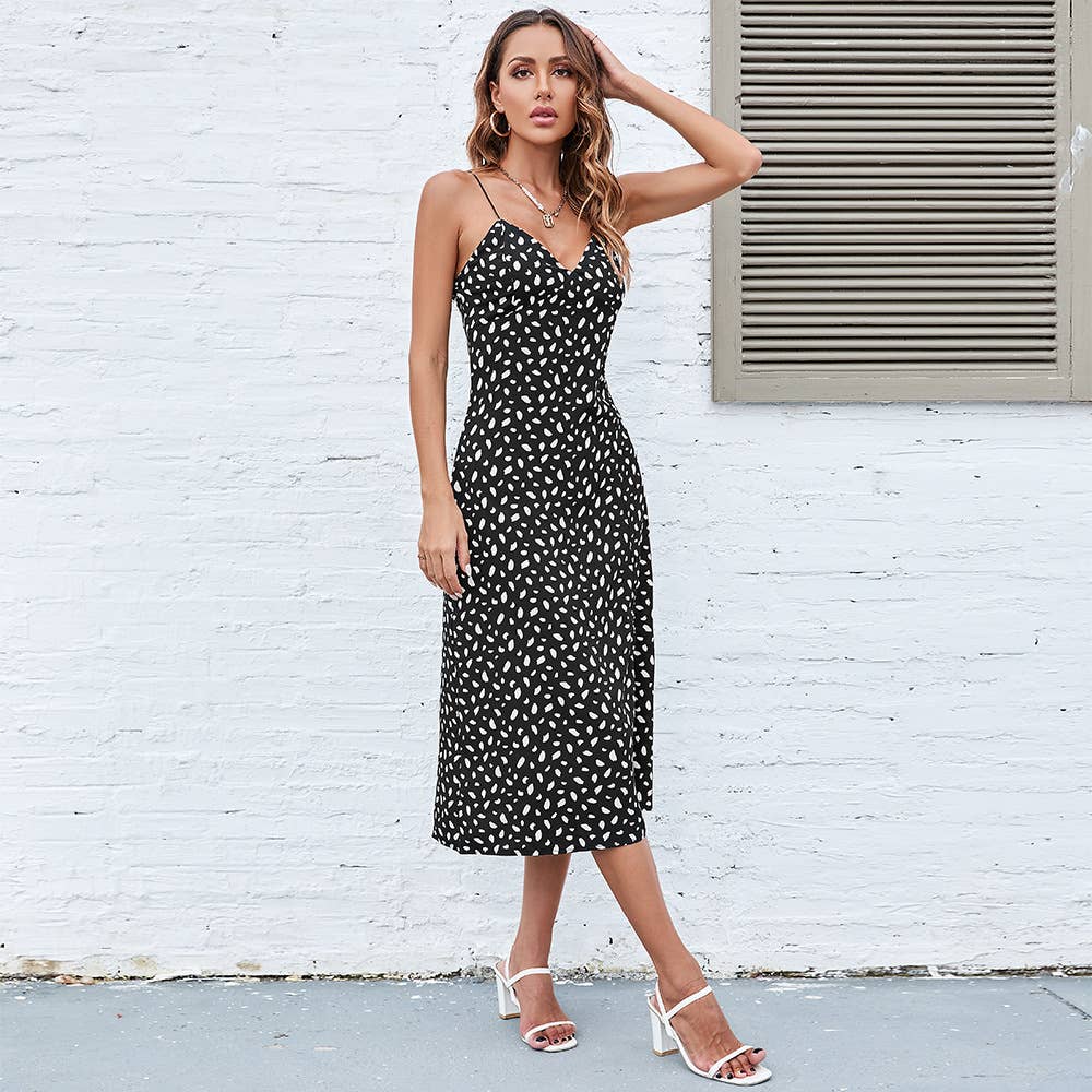 Print halter sexy zipper polka dot dress