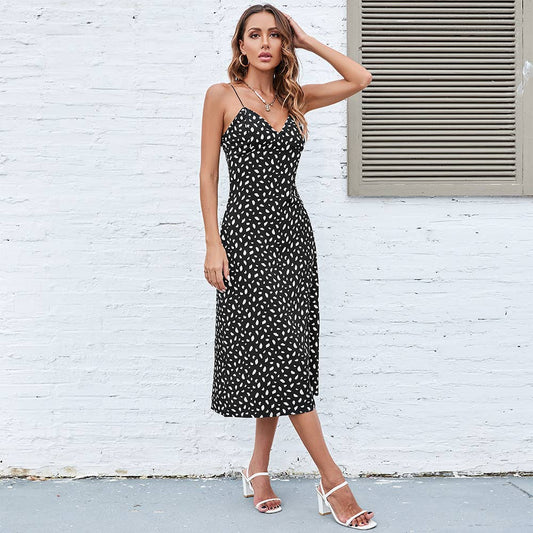 Print halter sexy zipper polka dot dress