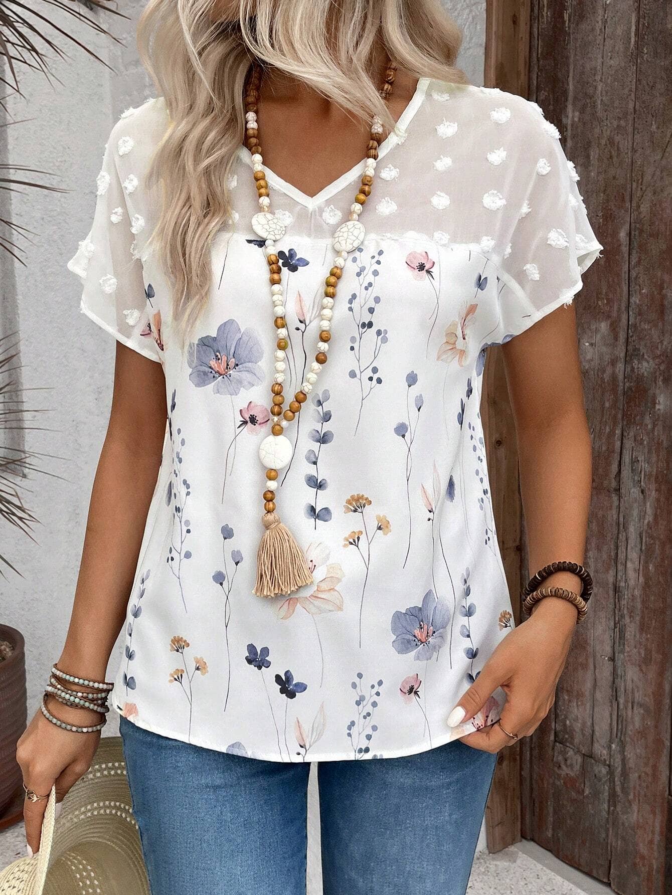 V-NECK PRINTED LACE PATCHWORK SHORT-SLEEVED TOP
