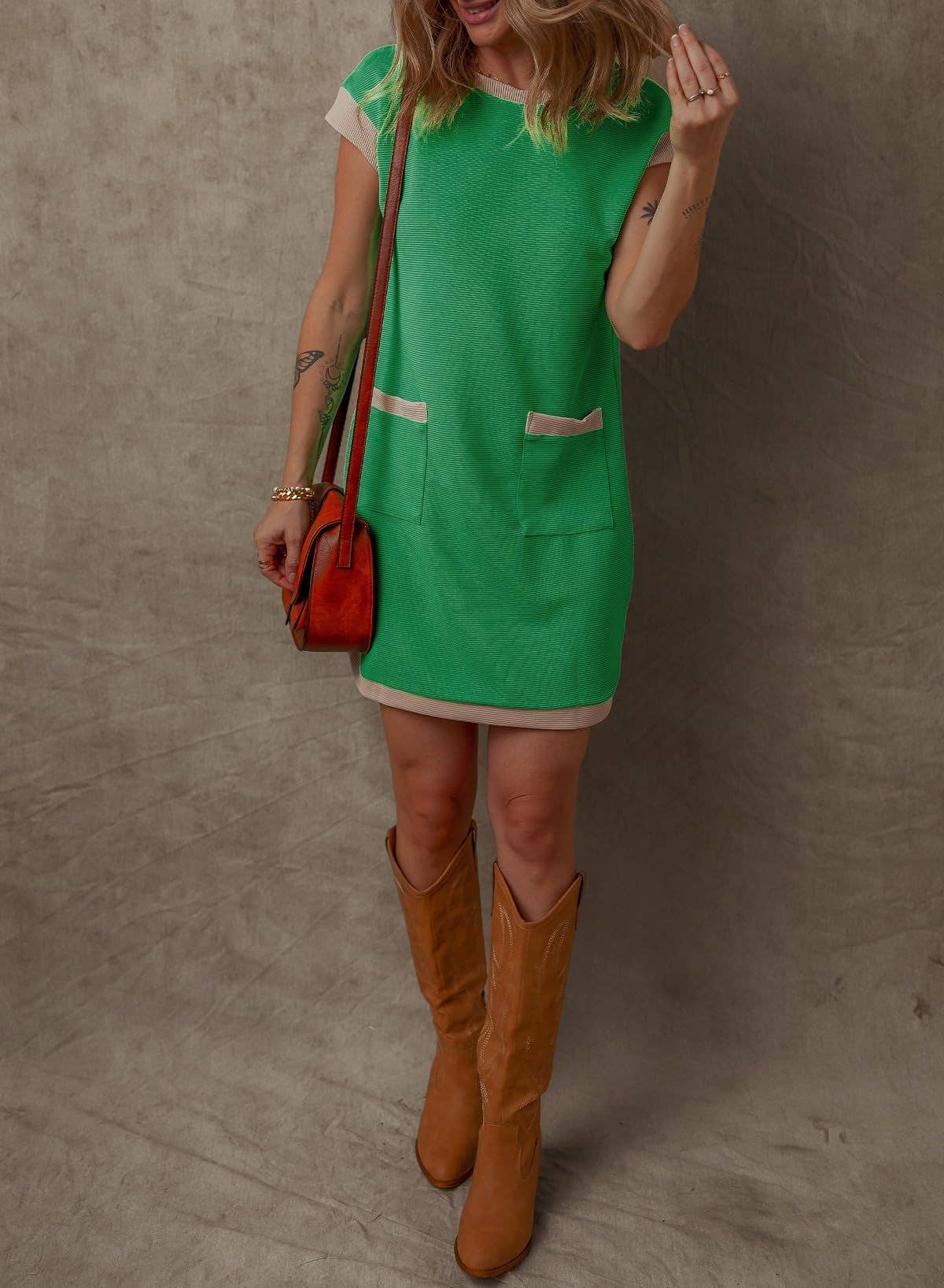 Women¡¯s colorblock pocket sleeve mini dress