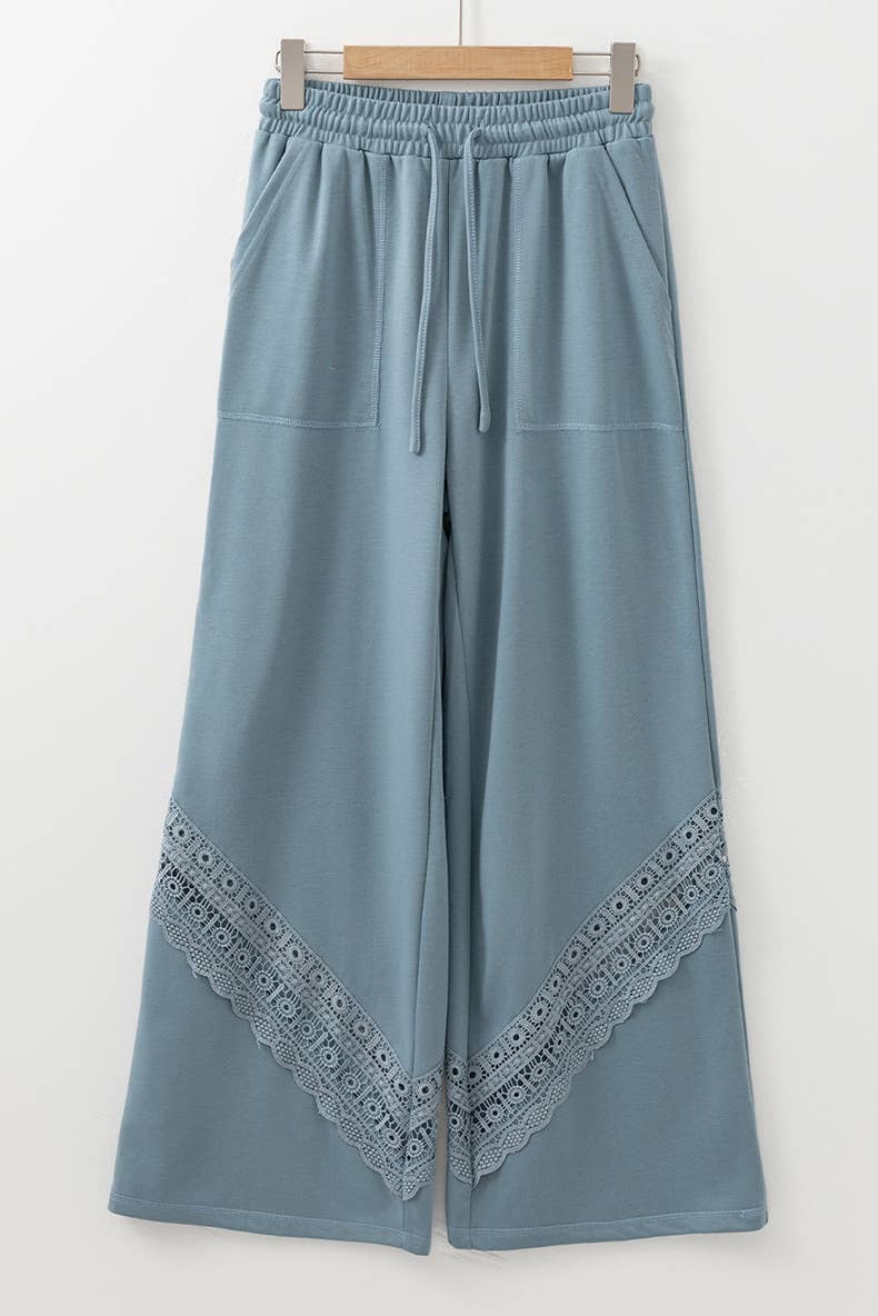 SOLID HIGH-WAISTED LACE CROCHET WIDE-LEG PANTS