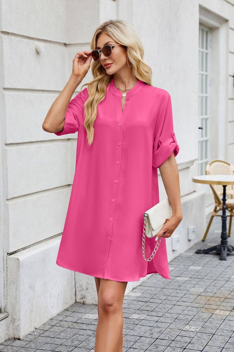 CWDSD7290_SOLID COLOR V NECK BUTTON SHIRT DRESS