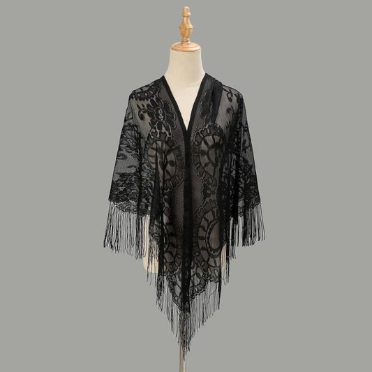Hollow Out Tassel Shawl - Elegant Triangle Wrap