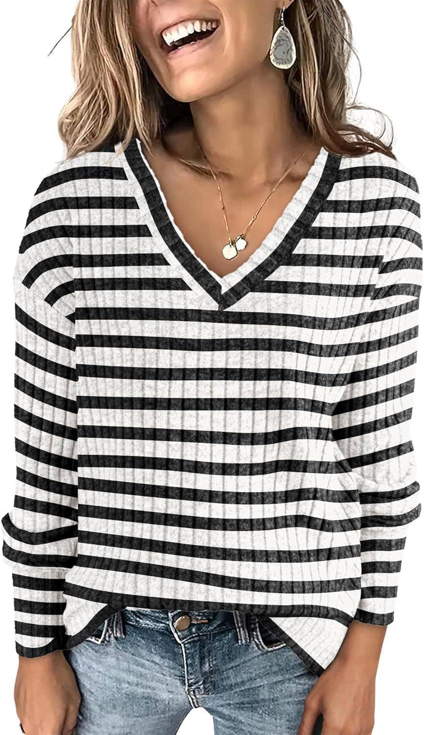 STRIPED COLOR CONTRAST V-NECK LONG SLEEVE SWEATER