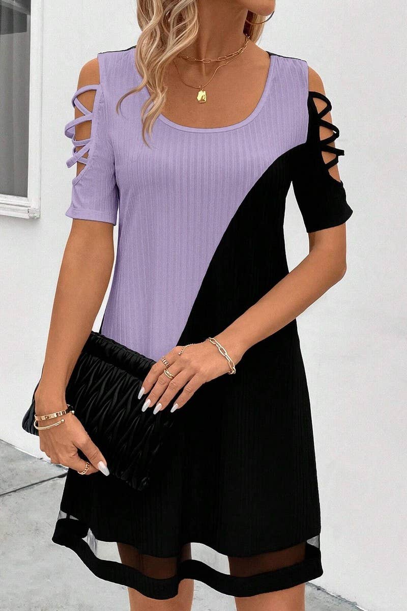 CWDSD7555_TEMPERAMENT COLOR MATCHING HOLLOW MESH DRESS