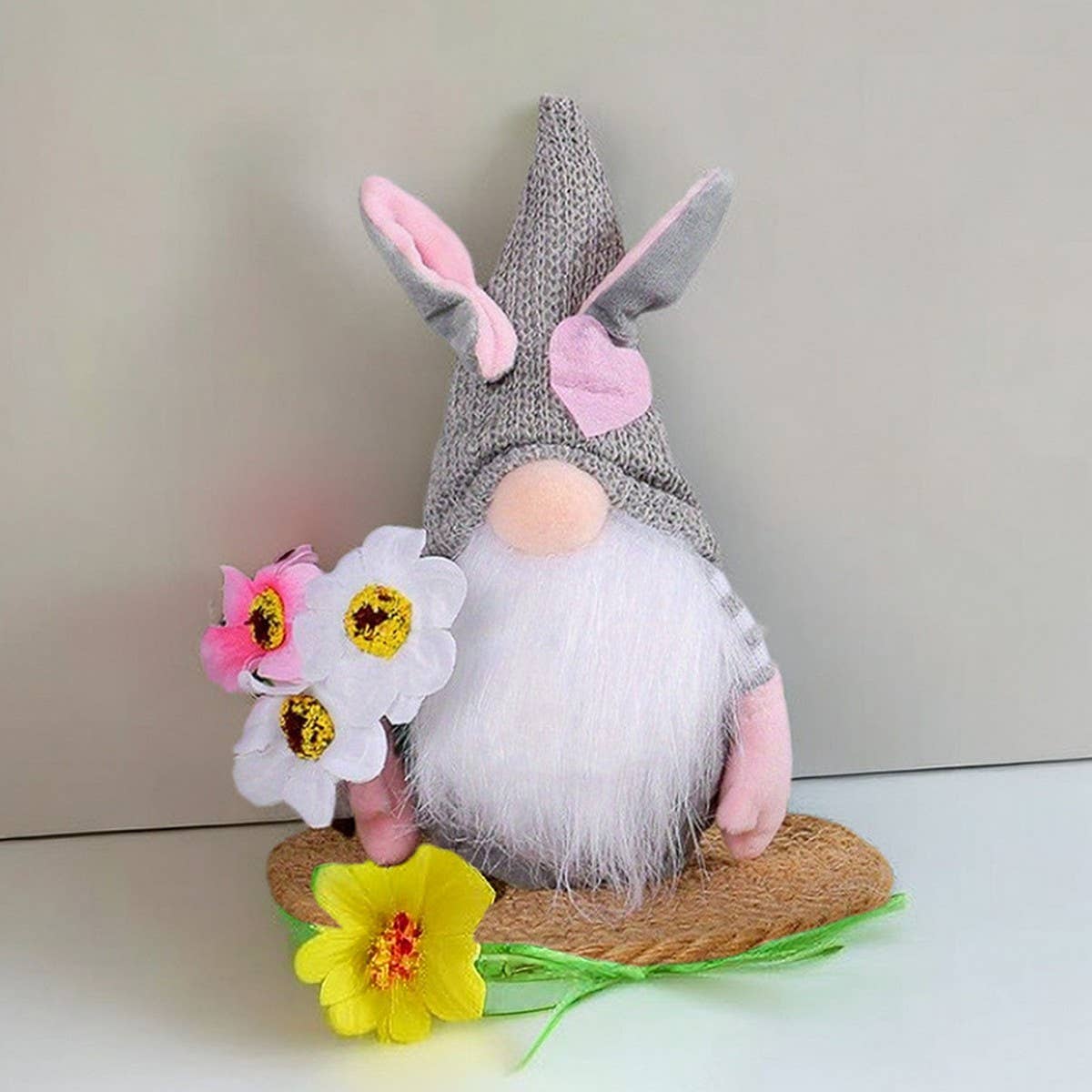 EASTER BUNNY GNOME HOLDING A BOUQUET OF FLOWERS