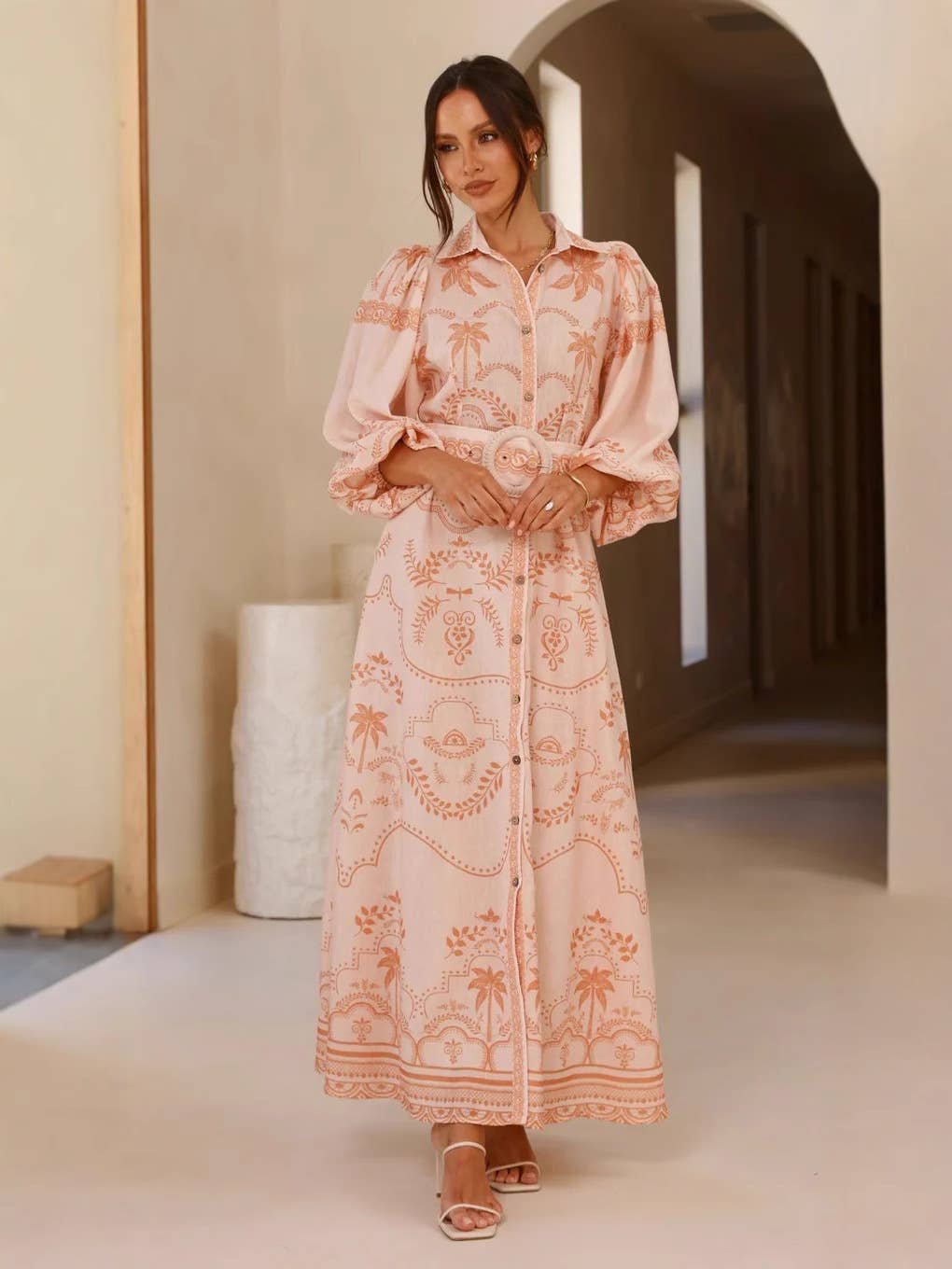 Loose belt cinched waist puffed sleeve dress