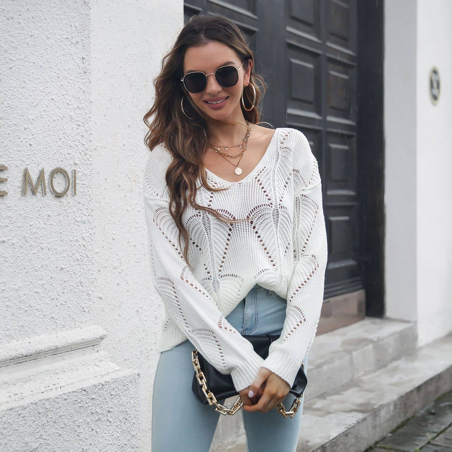 HOLLOW LEAF V-NECK LONG-SLEEVED KNIT SWEATER