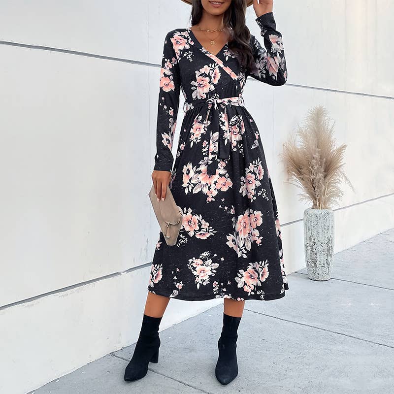 V-NECK SLIM-FIT PRINT LACE-UP LONG DRESS