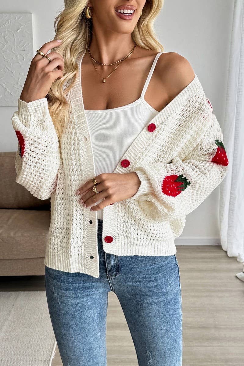 CWOCAL2320_STRAWBERRY JACQUARD KNIT CARDIGAN