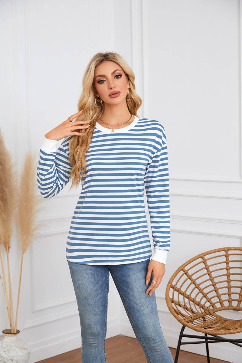 STRIPED CREW-NECK LONG-SLEEVED PULLOVER HOODIE