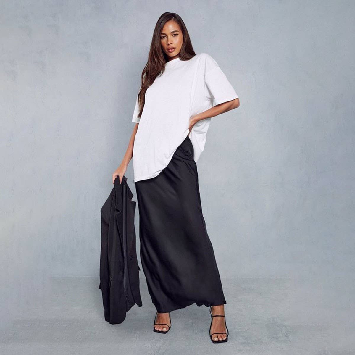 SATIN LONG SKIRT HIGH WAIST DRAWSTRING SKIRT_CWAB4792