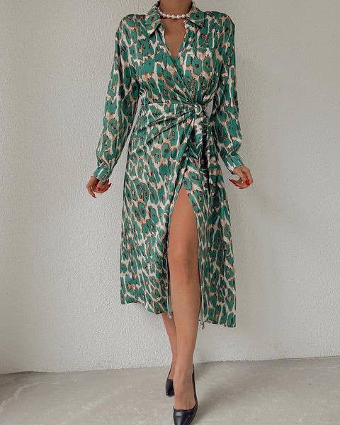 LEOPARD PRINT LONG-SLEEVED CASUAL LACE-UP DRESS