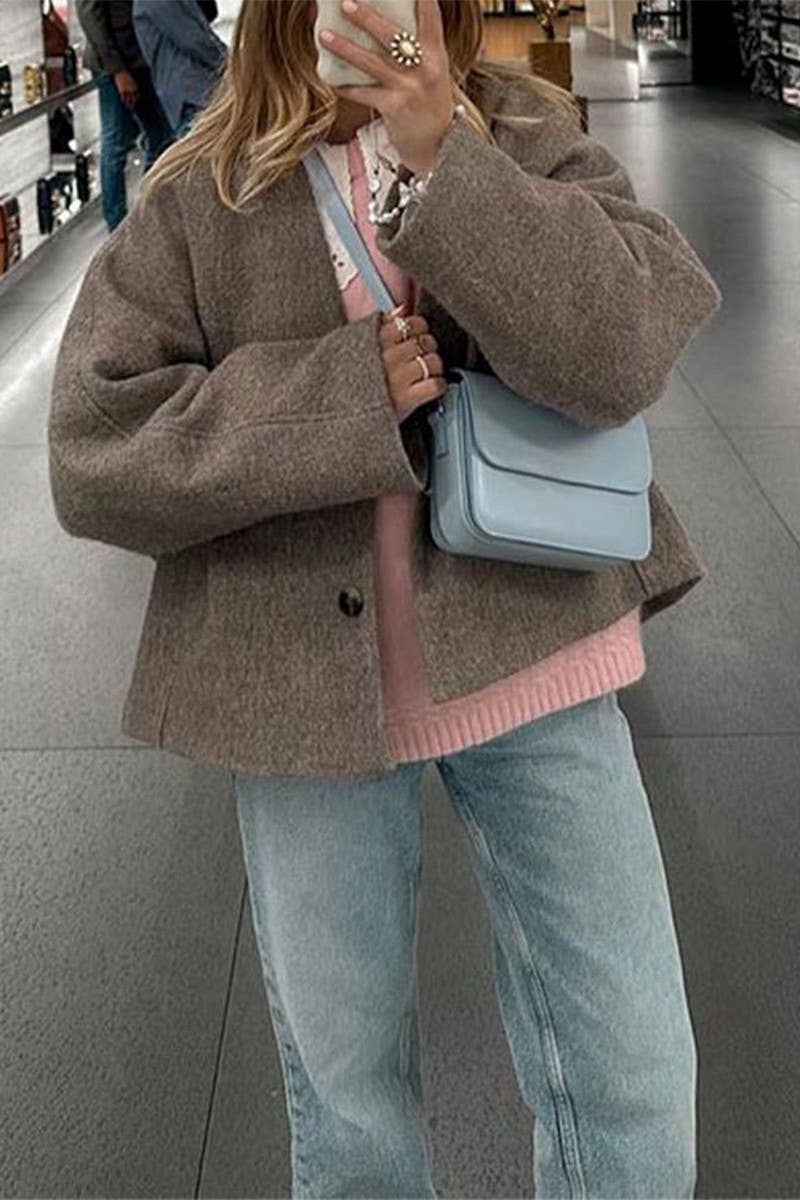 CWOCO0964_V-NECK SINGLE-BREASTED LOOSE SHORT COAT