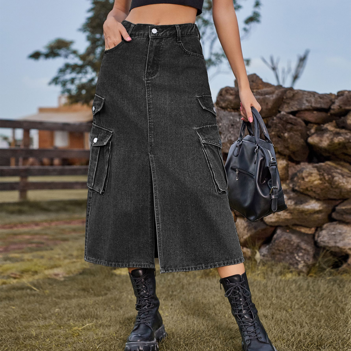 Women??¢s Casual Denim Midi Skirt Elastic Waist_CWJSK0204