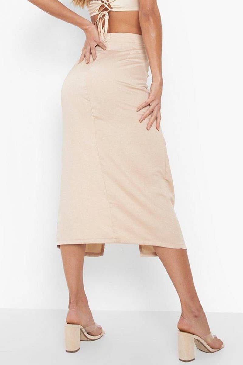 HIGH WAIST KNOT IRREGULAR SATIN SLIT SKIRT_CWBMS0089