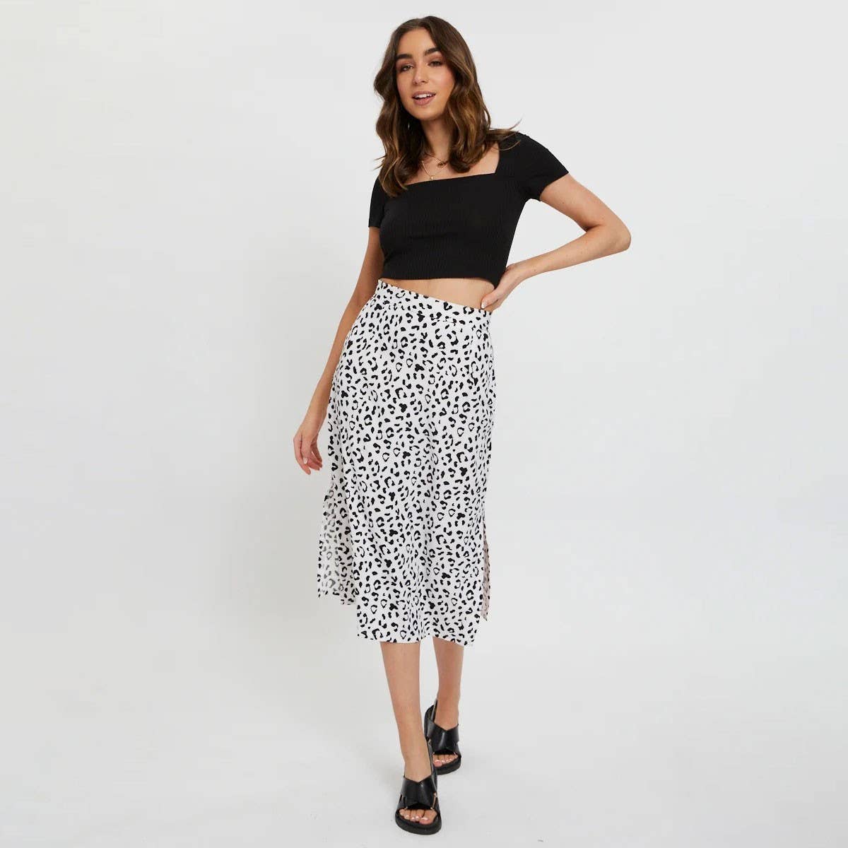 HIGH WAIST LEOPARD CHIFFON PRINT SLIT MIDI SKIRT