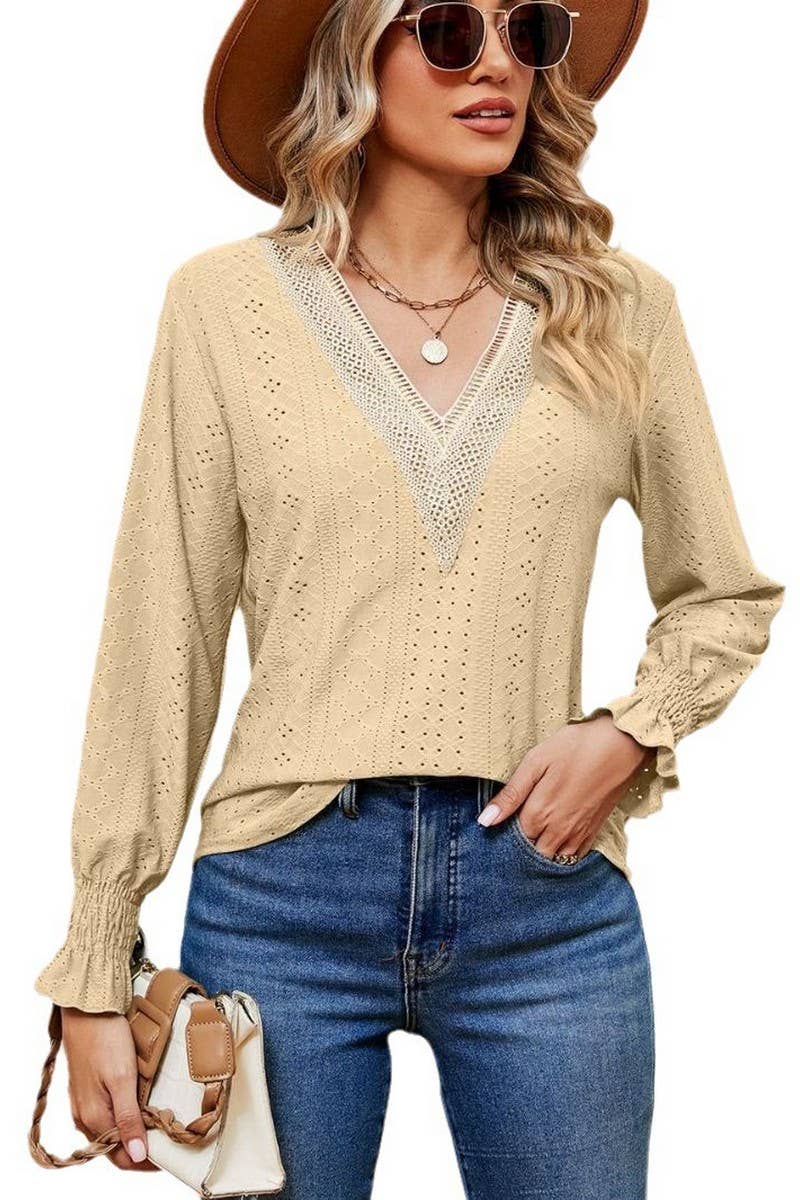 Cwtbll2389_V-Neck Lace Stitching Long-Sleeved Pullover
