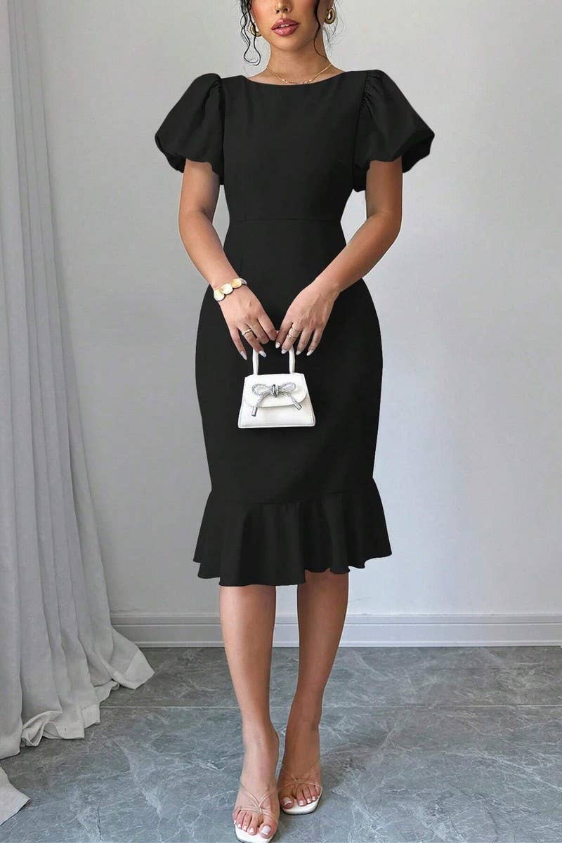 CWDSD7396_ROUND NECK LANTERN SLEEVE RUFFLED FISHTAIL DRESS