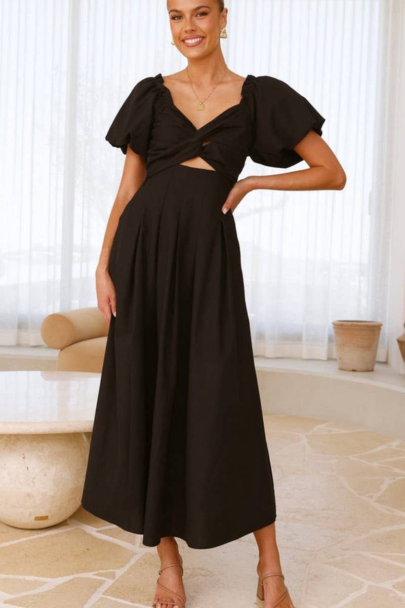 CWDMD5652_SOLID V-NECK LONG PUFF SLEEVE SLIM MAXI DRESS