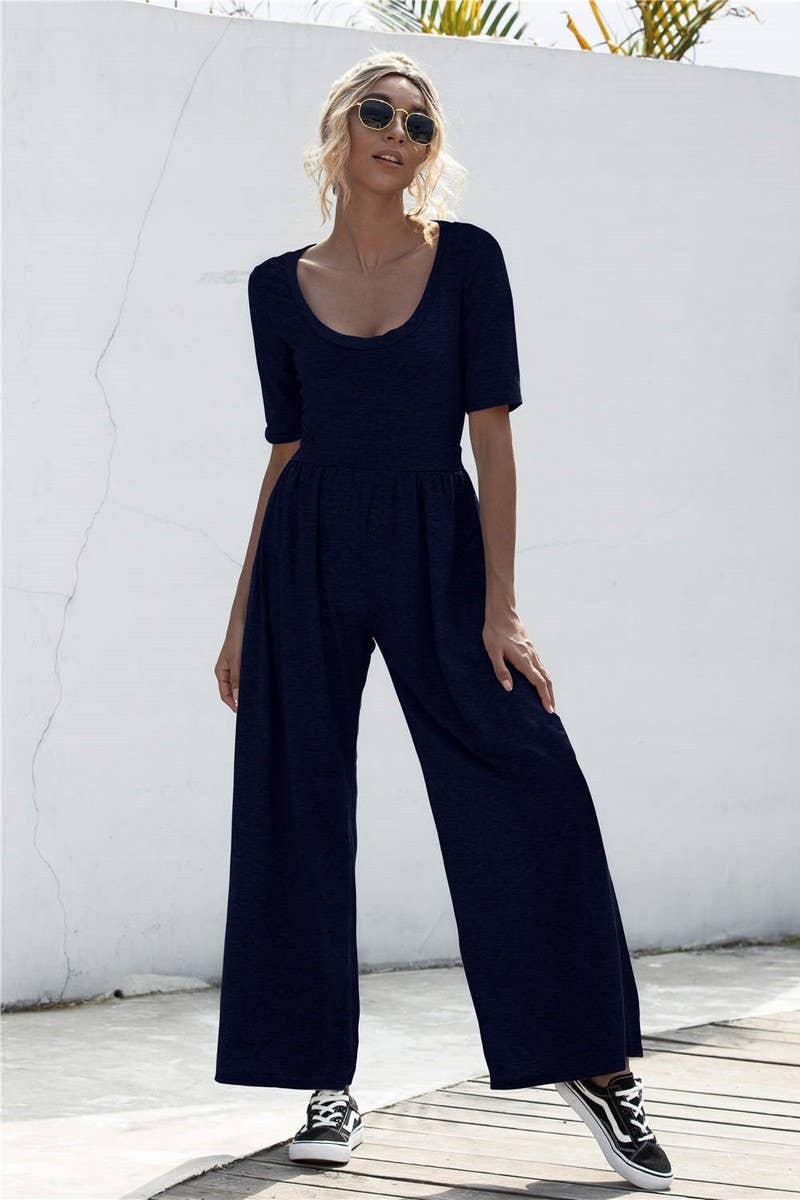 SOLID COLOR SHORT SLEEVED WIDE LEG LOOSE JUMPSUIT_CWSJS0428
