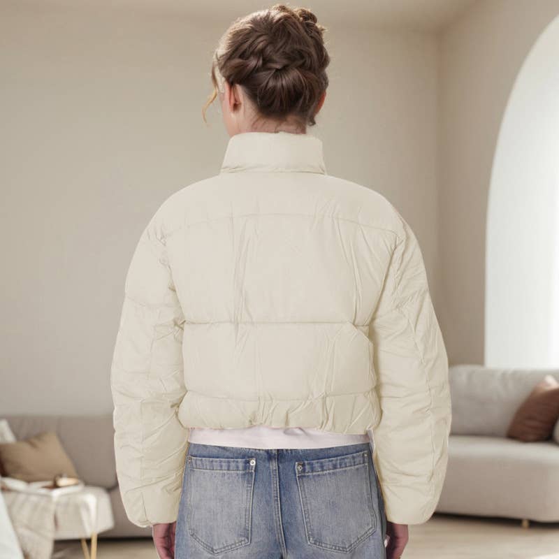 SOLID COLOR STANDING COLLAR WARM SHORT JACKET