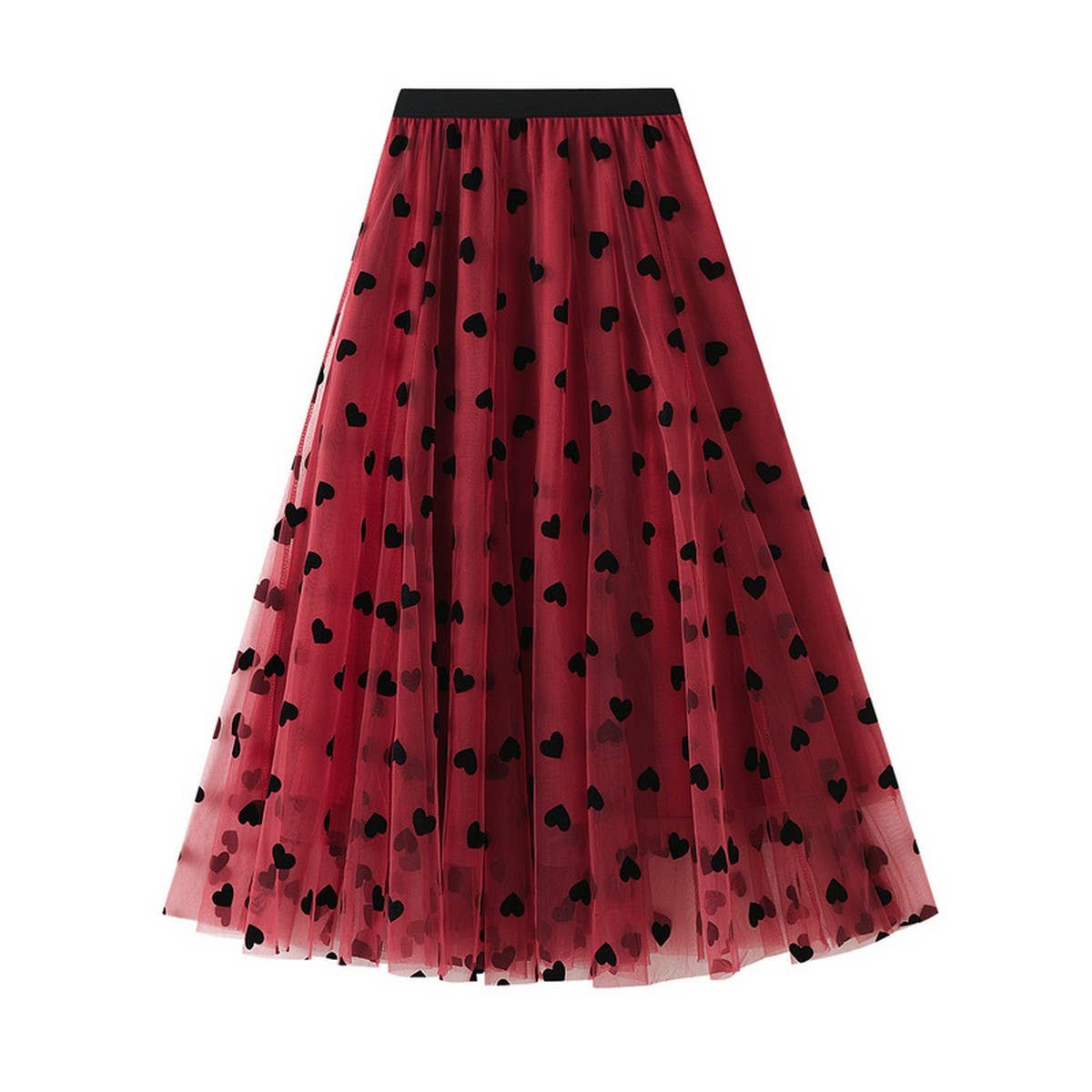 Vintage Heart Flocked Tulle High-Waist Skirt