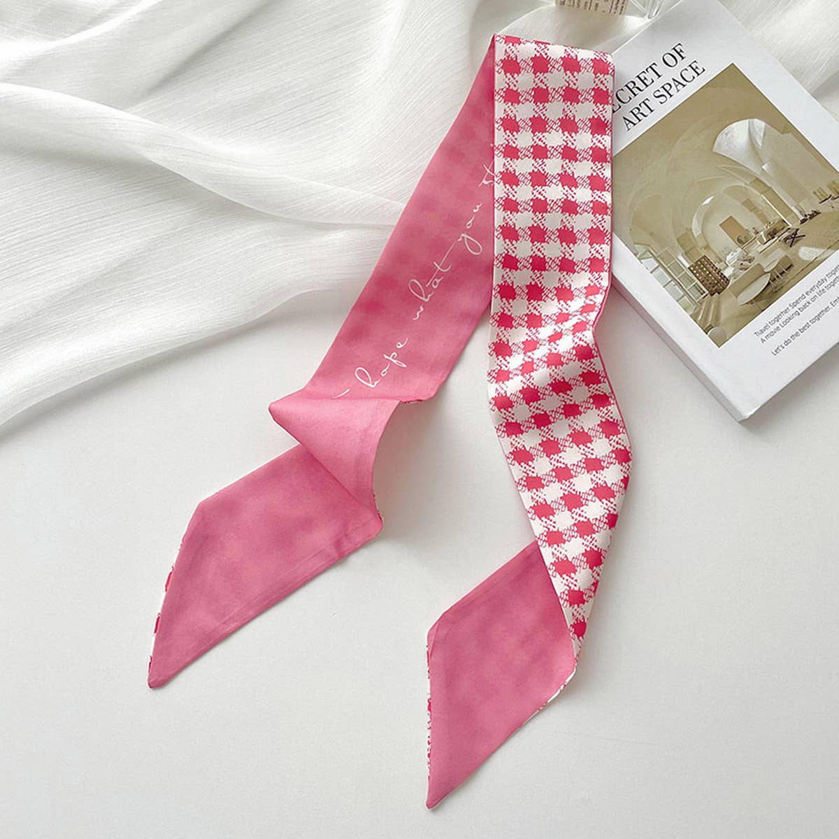 Pink Floral Skinny Scarf ??Hair Tie & Bag Ribbon_CWASC0708