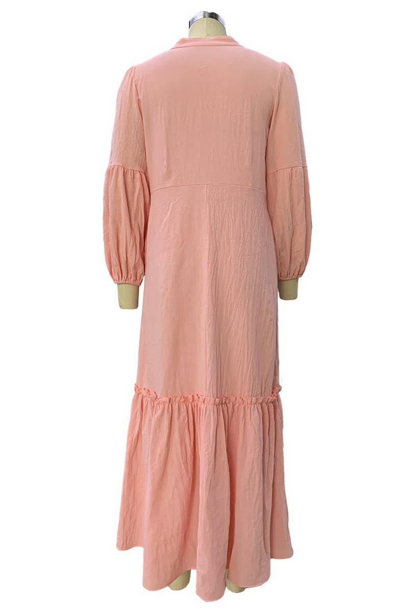 CWDMD2105_V-NECK BOHEMIAN COTTON AND LINEN LONG DRESS