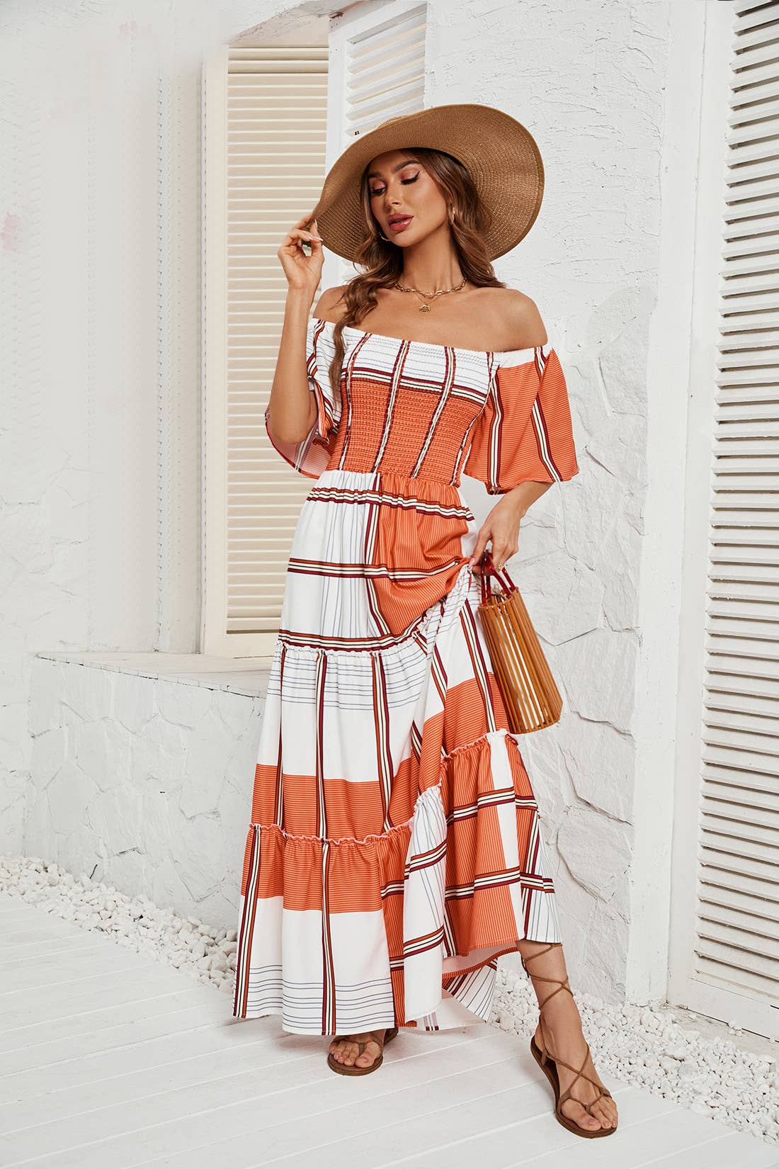 Striped peplum dress with line neck
