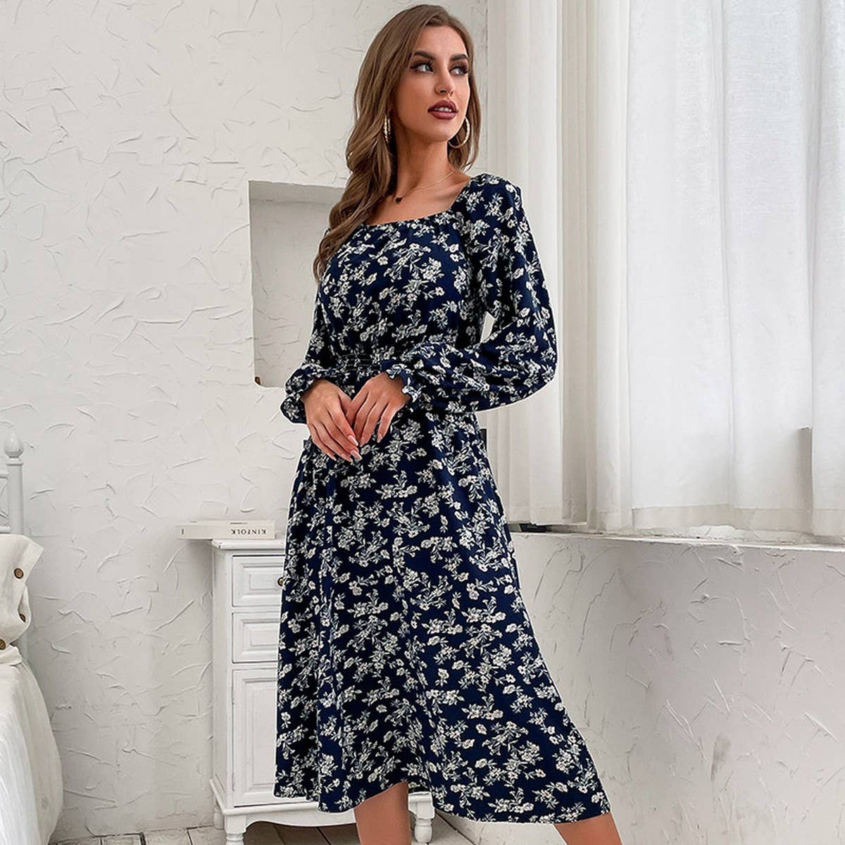 Long-sleeved one-shoulder floral dress