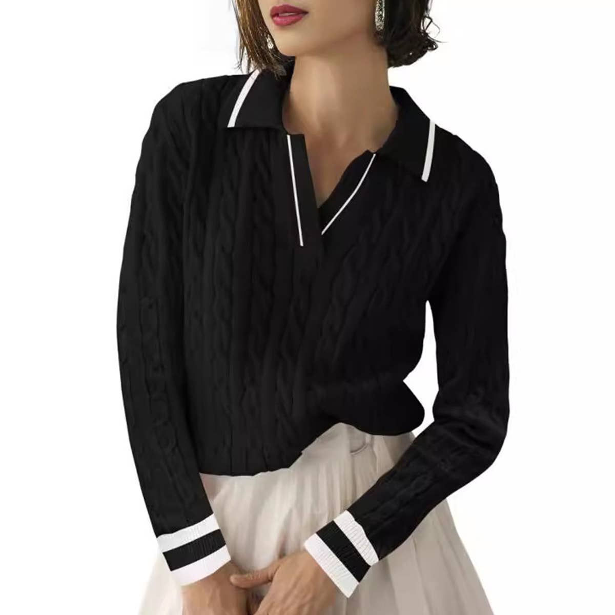 LAPEL V-NECK FLORAL KNIT PULLOVER CASUAL SWEATER