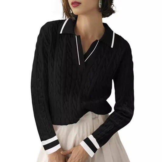 LAPEL V-NECK FLORAL KNIT PULLOVER CASUAL SWEATER