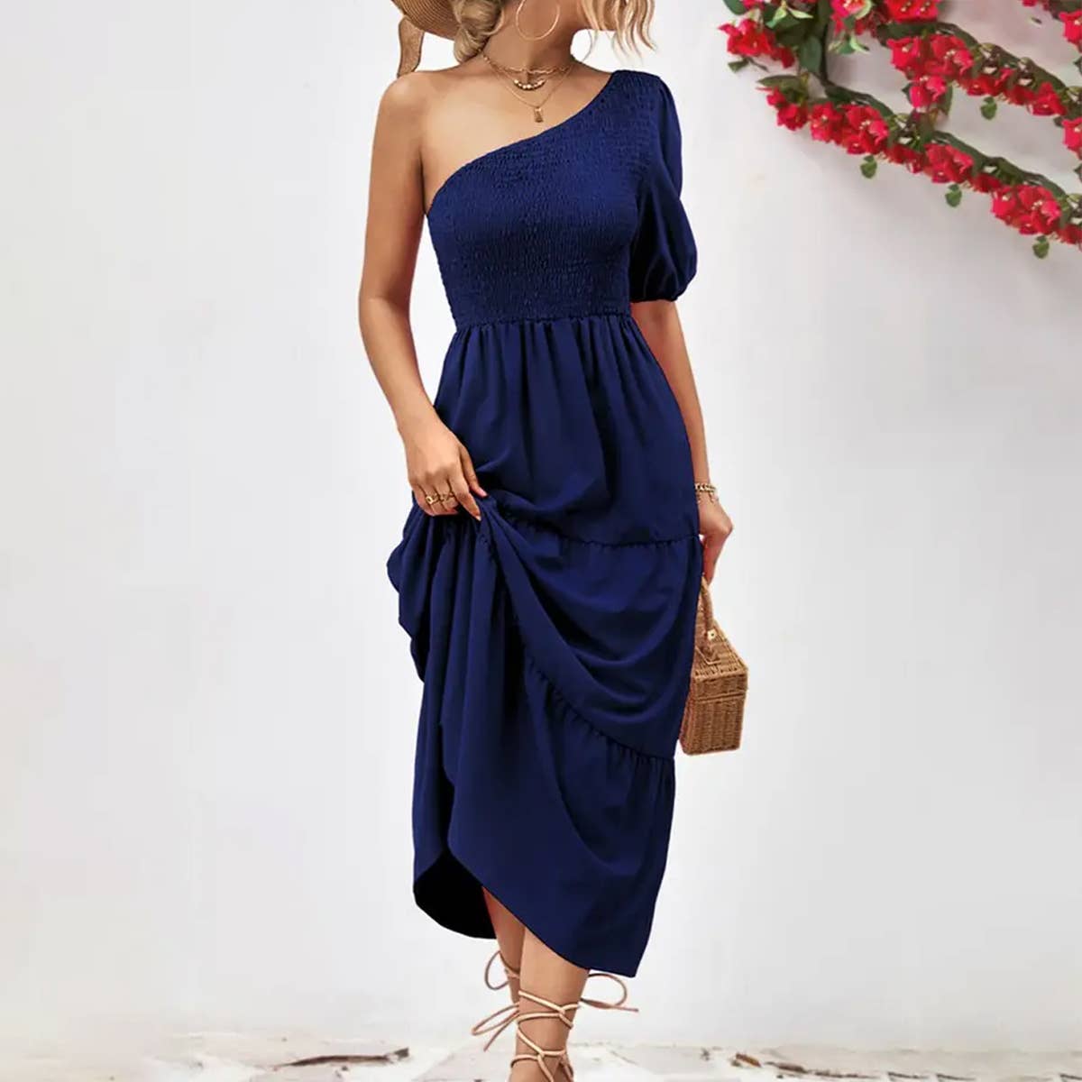 SLANT SHOULDER PUFFY SLEEVE DRESS_CWDSD2635