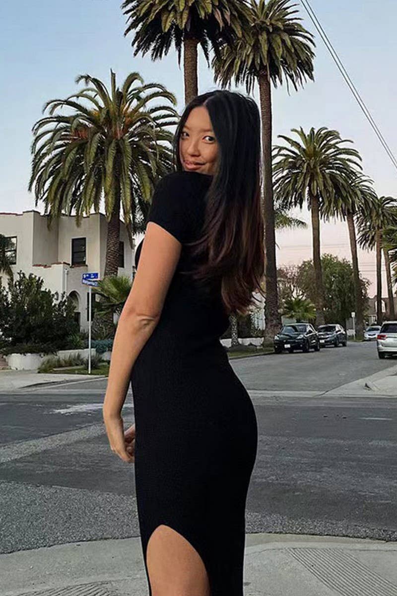 CWDMD4900_SOLID COLOR LAPEL SHORT SLEEVE SLIT DRESS