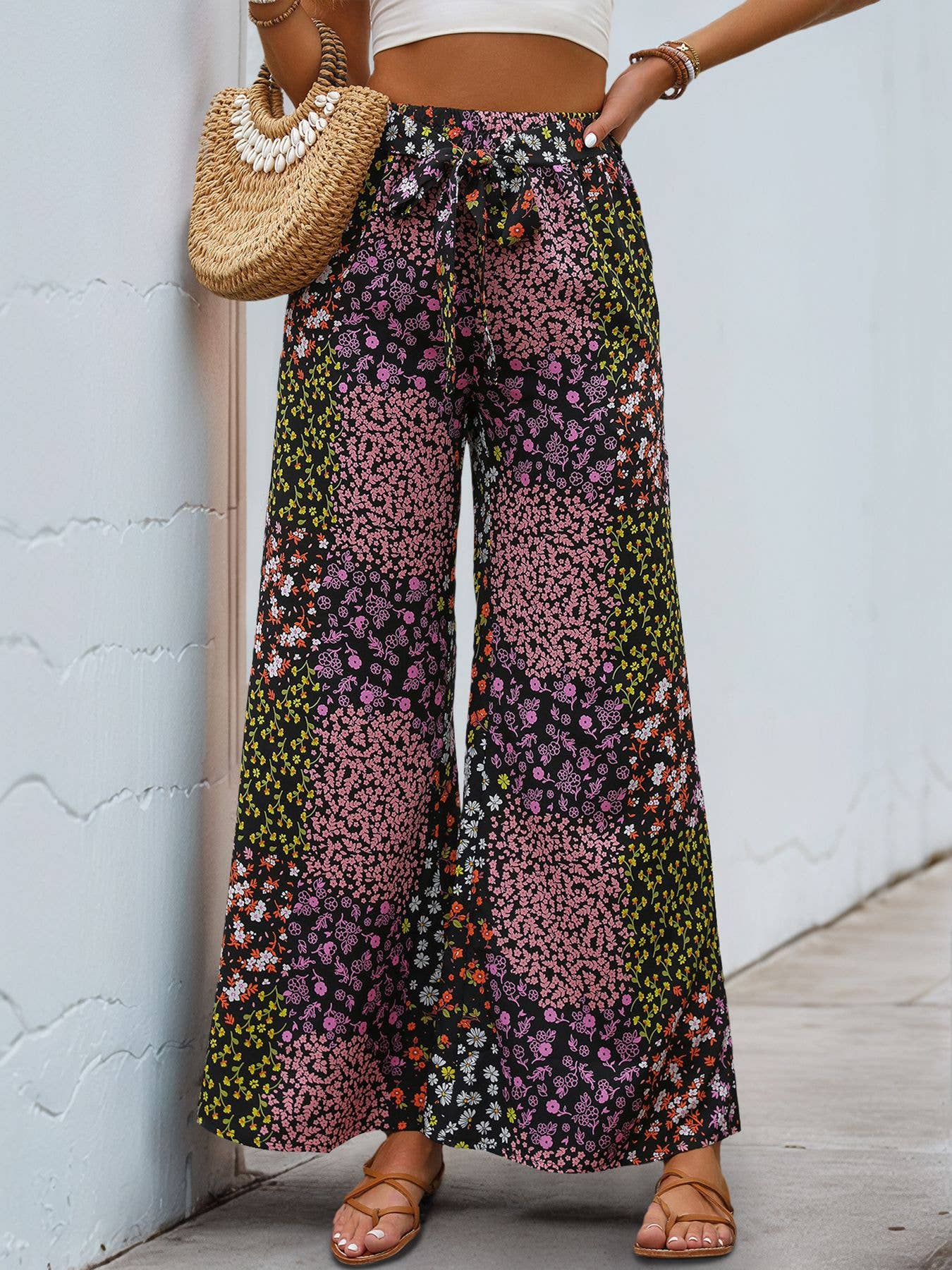 Casual lace-up printed high-waisted trousers