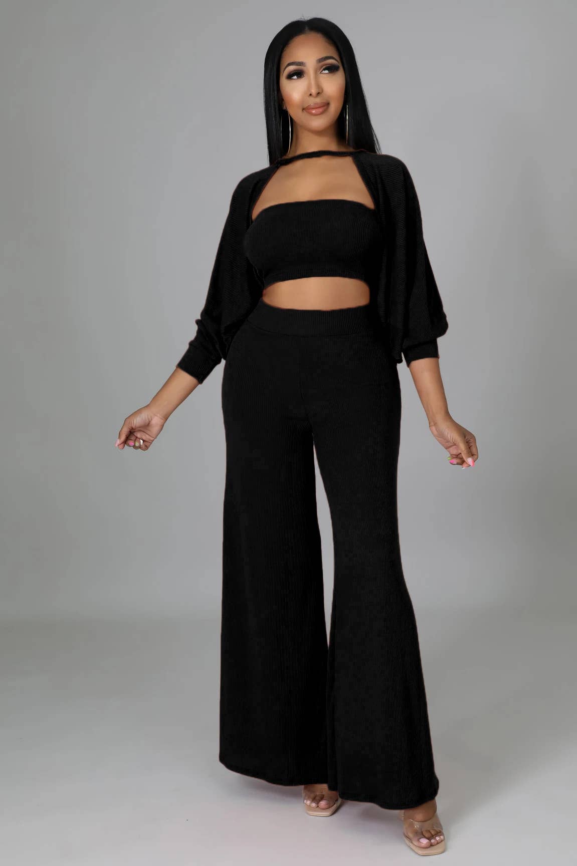 SOLID COLOR COAT CAPE TROUSERS THREE-PIECE SET