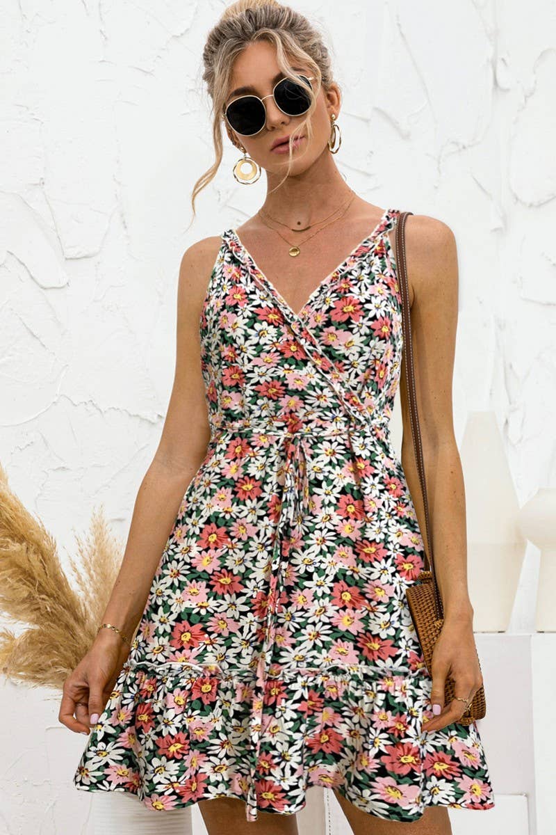 SEXY V NECK HALTER RUFFLED FLORAL DRESS_CWDSD2630