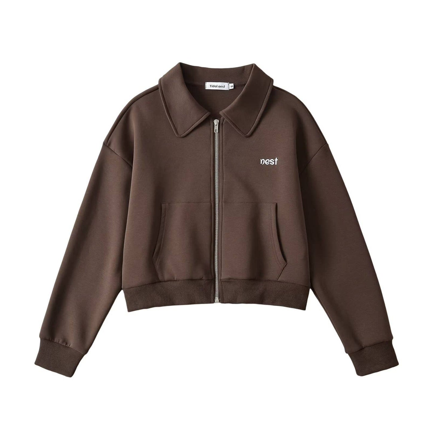 Solid color lapel zipper Short-sleeved cardigan