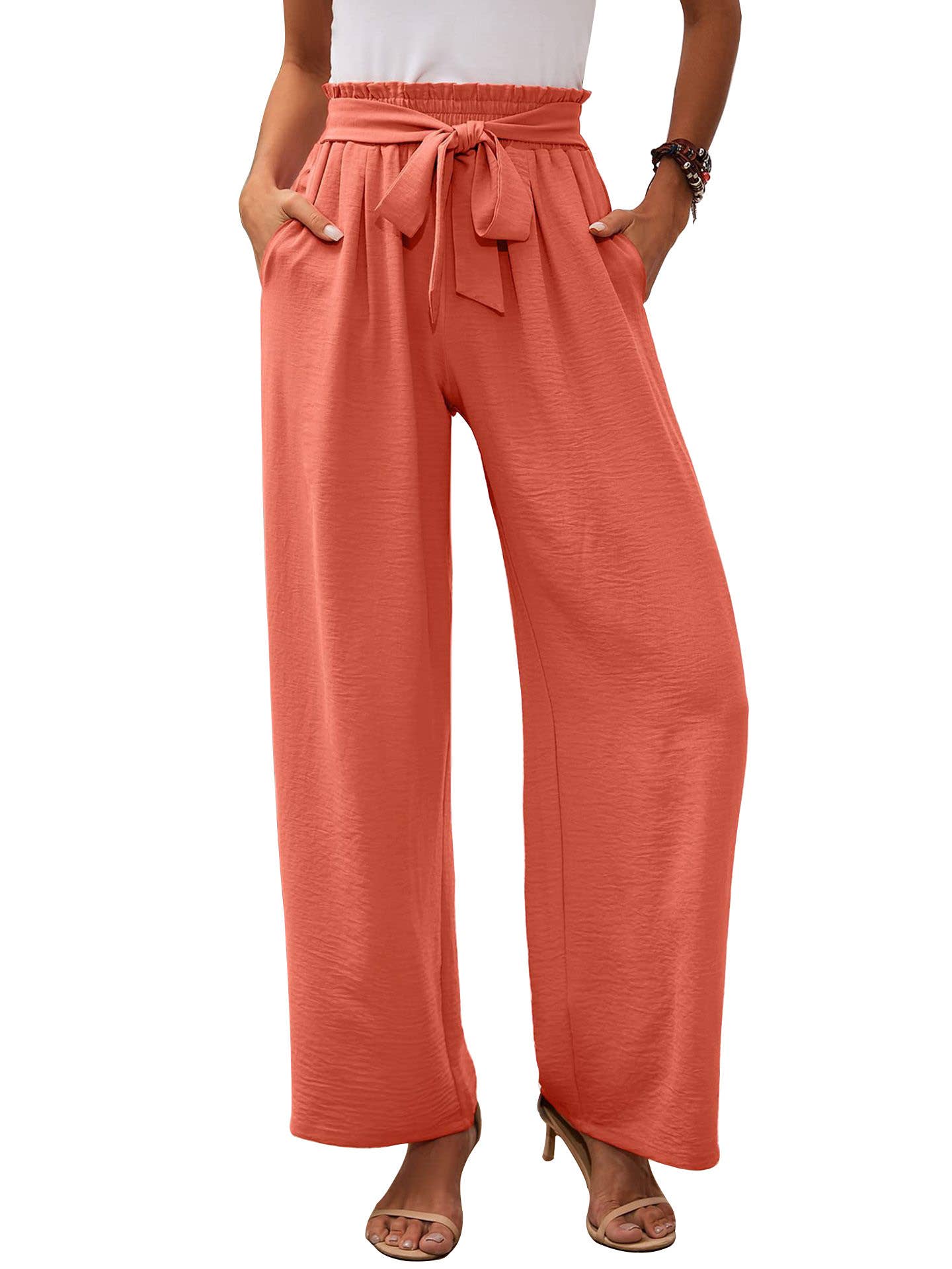 High waist adjustable lace-up wide leg slacks