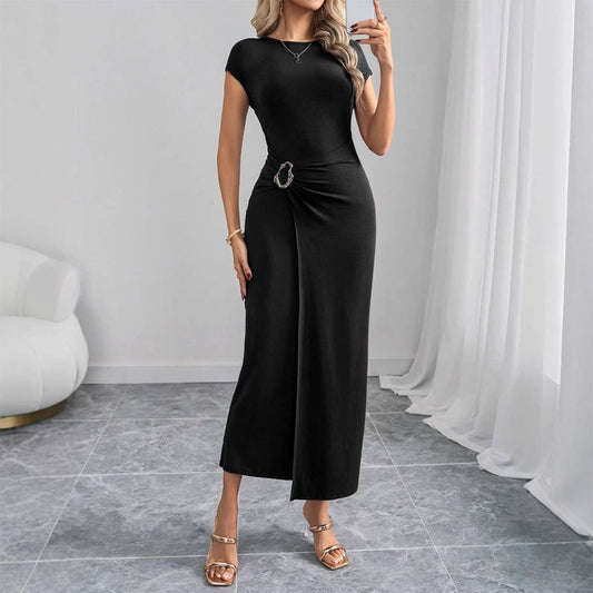 Round-neck solid-color,form-fitting long dress
