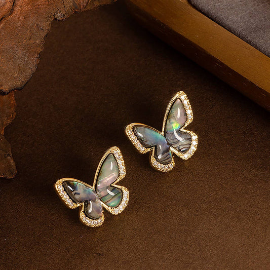 NATURAL ABALONE BUTTERFLY DIAMOND ZIRCON EARRINGS