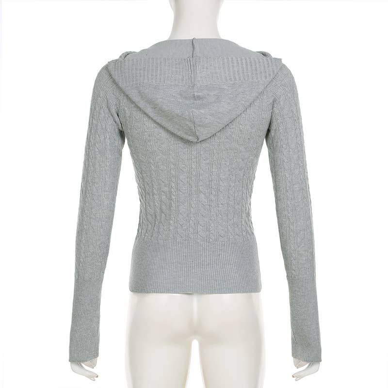 Solid-color deep V-neck hooded knitted sweater