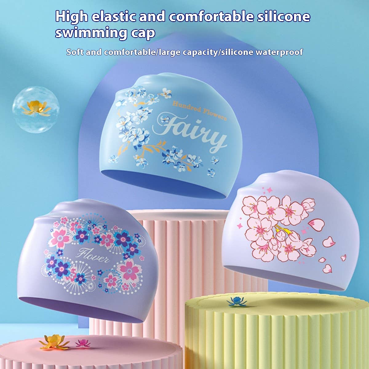 XL Printed Silicone Swim Cap for Long Hair Women_CWMM6704