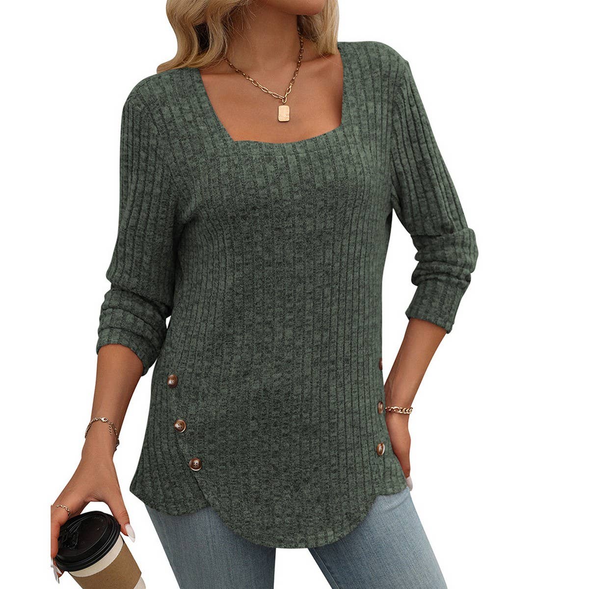 Square collar pit strip frosted solid color blouse